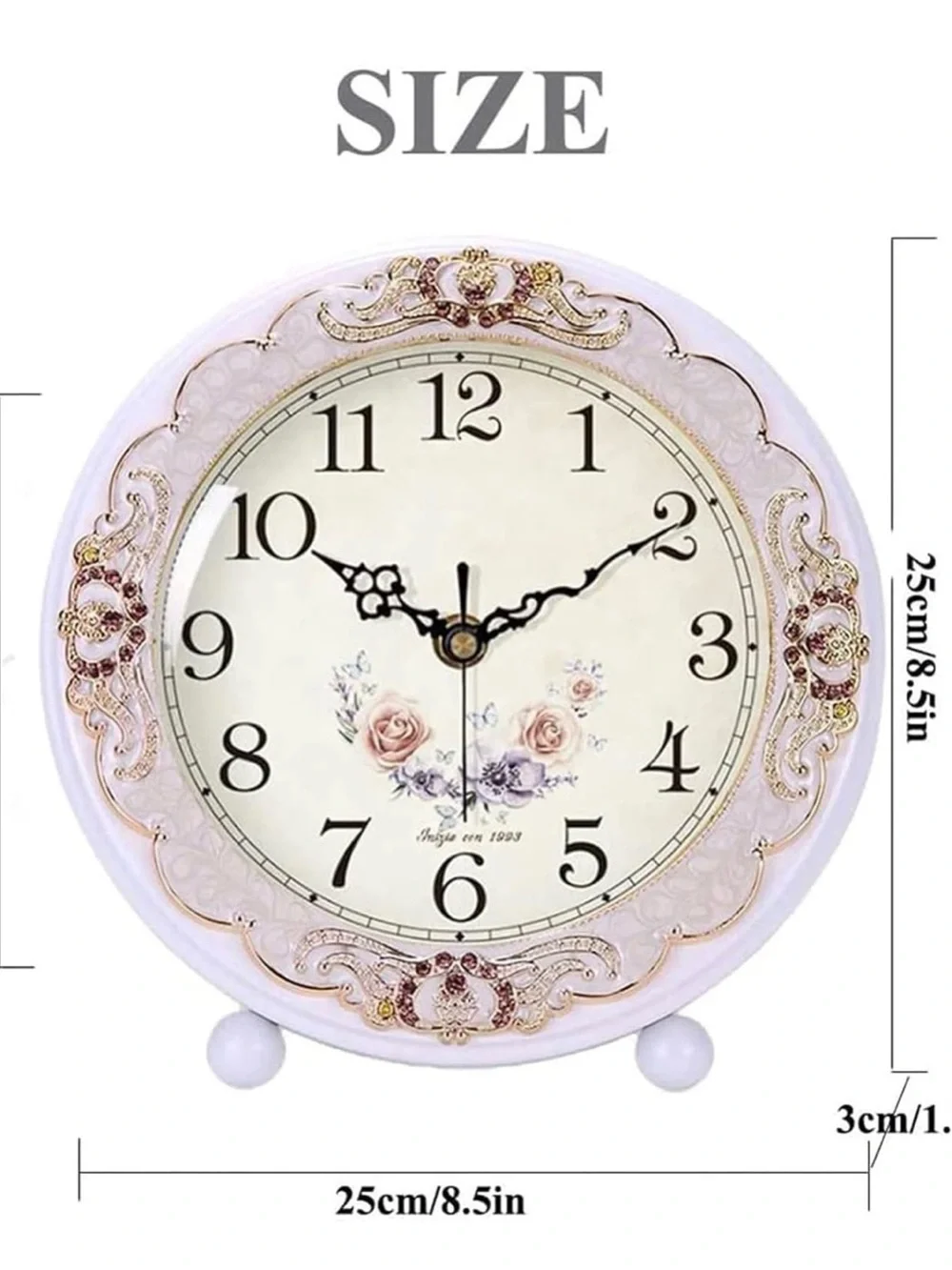 Vintage Style Floral Table or Wall Clock White Gold Ornate Desk Clock 8.5in